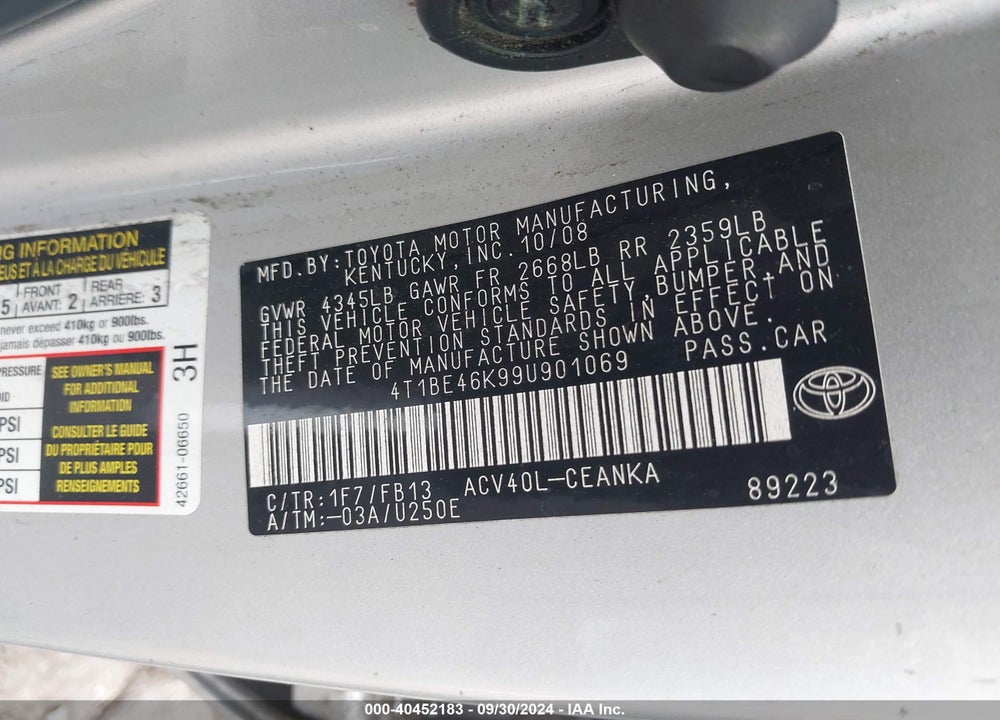 2009 TOYOTA CAMRY VIN: 4T1BE46K99U901069