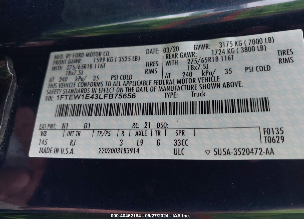 2020 FORD F-150 KING RANCH VIN: 1FTEW1E43LFB75656