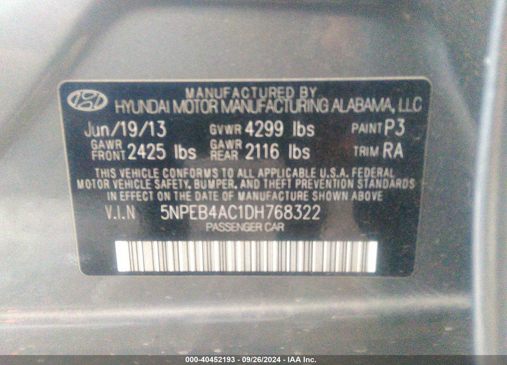 2013 HYUNDAI SONATA GLS VIN: 5NPEB4AC1DH768322