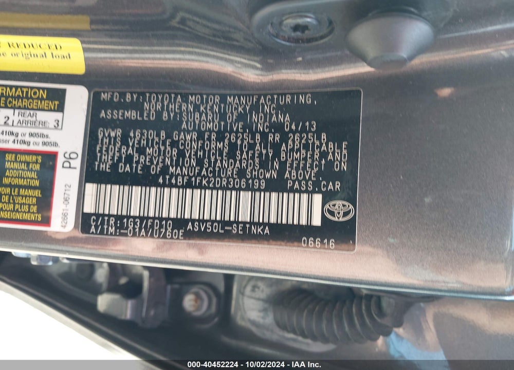 2013 TOYOTA CAMRY LE VIN: 4T4BF1FK2DR306199