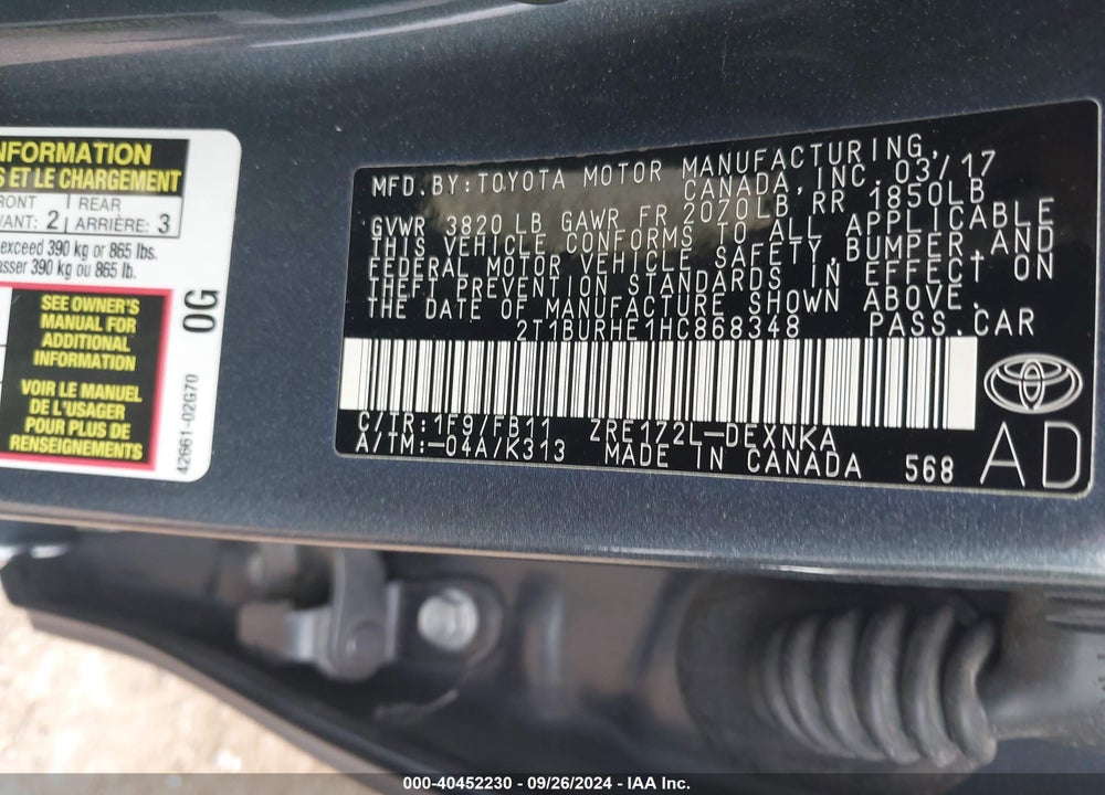 2017 TOYOTA COROLLA LE VIN: 2T1BURHE1HC868348