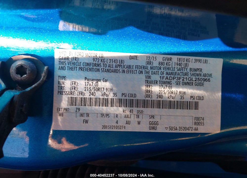 2016 FORD FOCUS SE VIN: 1FADP3F21GL250966