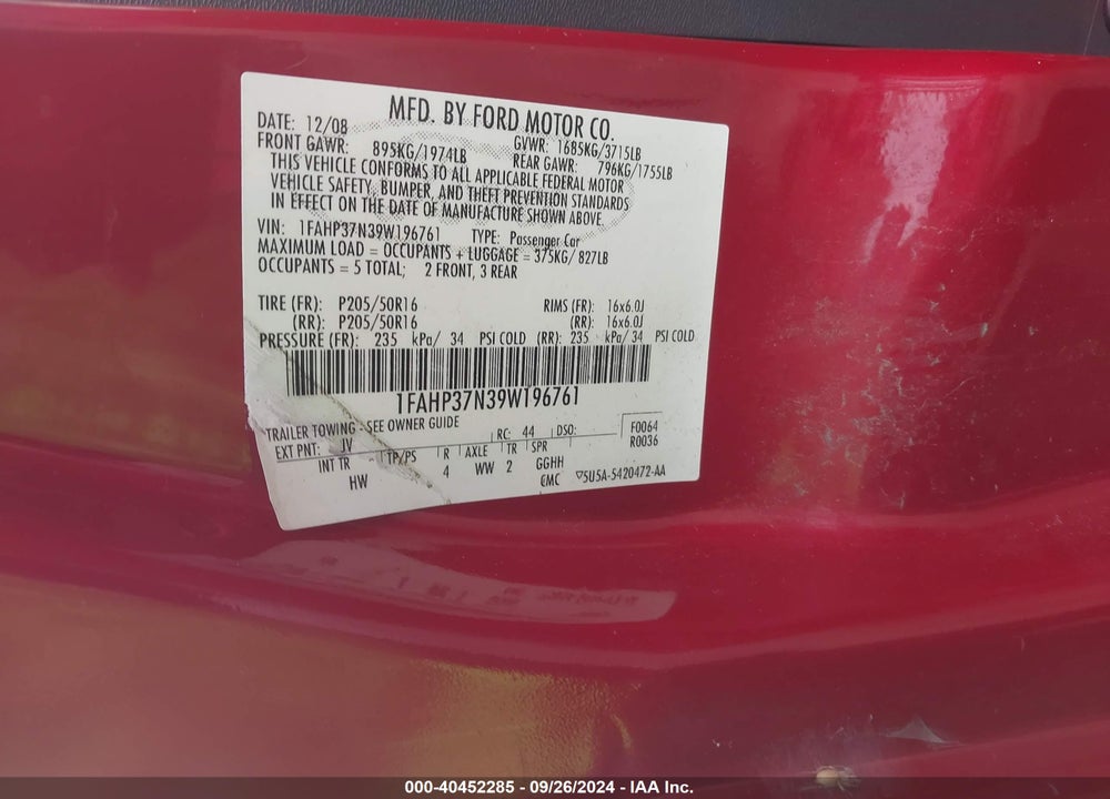 2009 FORD FOCUS SEL VIN: 1FAHP37N39W196761