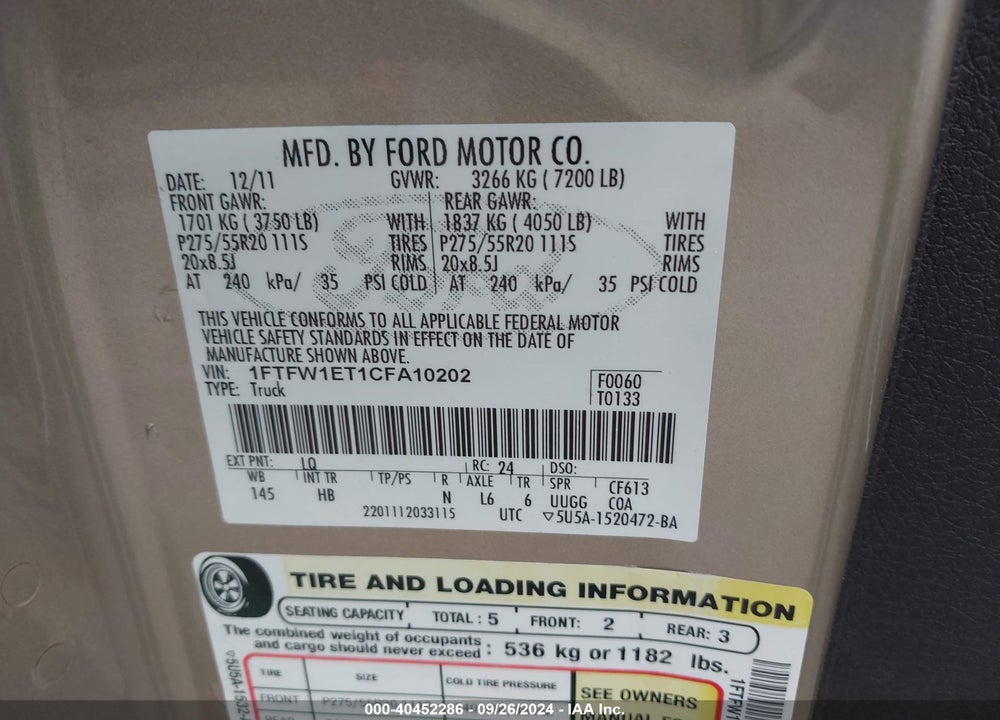 2012 FORD F-150 LARIAT VIN: 1FTFW1ET1CFA10202