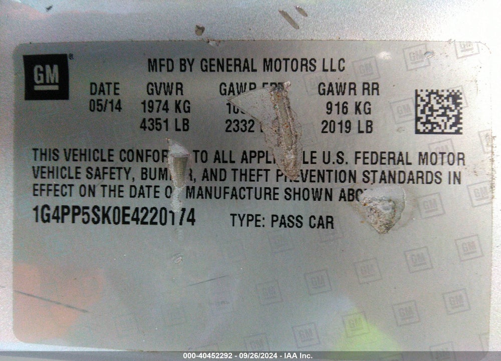 2014 BUICK VERANO VIN: 1G4PP5SK0E4220174