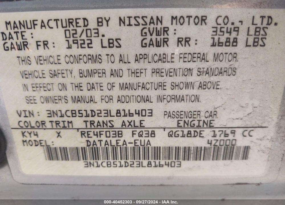 2003 NISSAN SENTRA GXE VIN: 3N1CB51D23L816403
