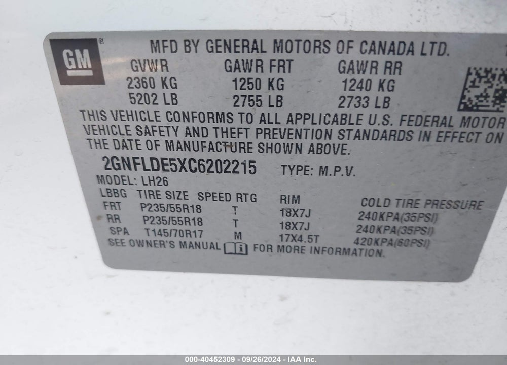 2012 CHEVROLET EQUINOX 1LT VIN: 2GNFLDE5XC6202215