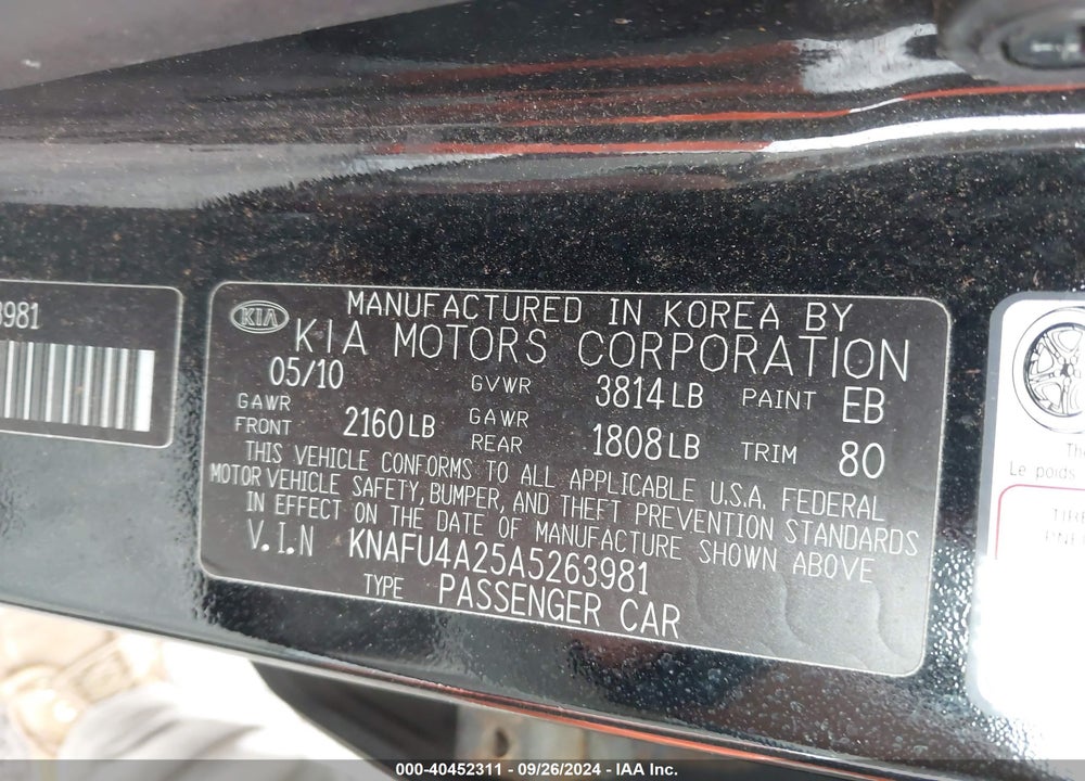 2010 KIA FORTE EX VIN: KNAFU4A25A5263981