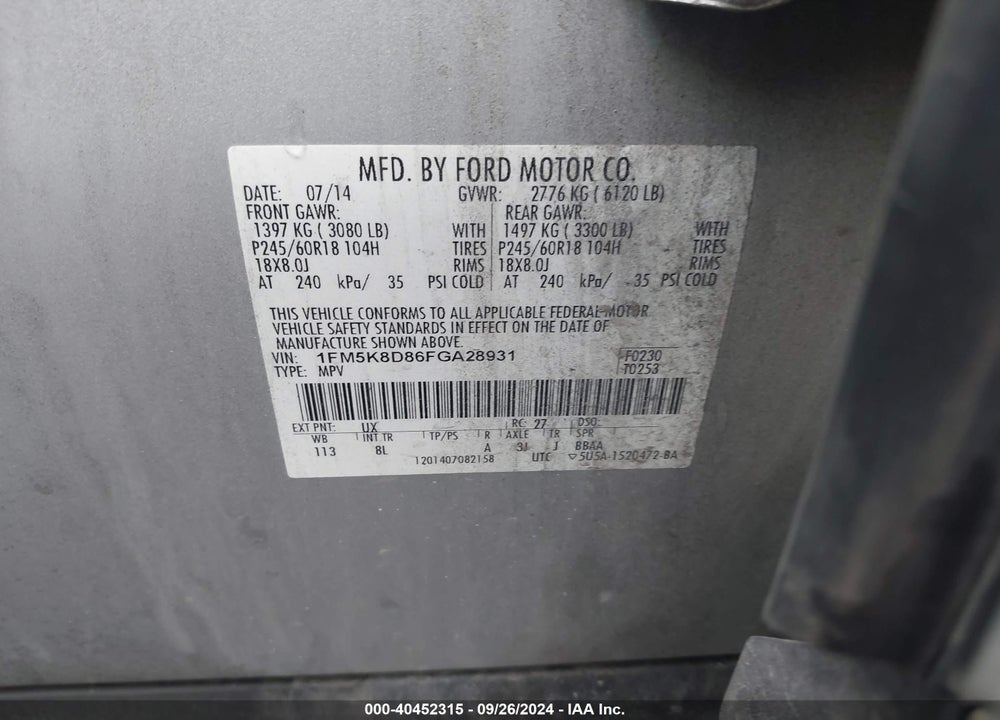 2015 FORD EXPLORER XLT VIN: 1FM5K8D86FGA28931