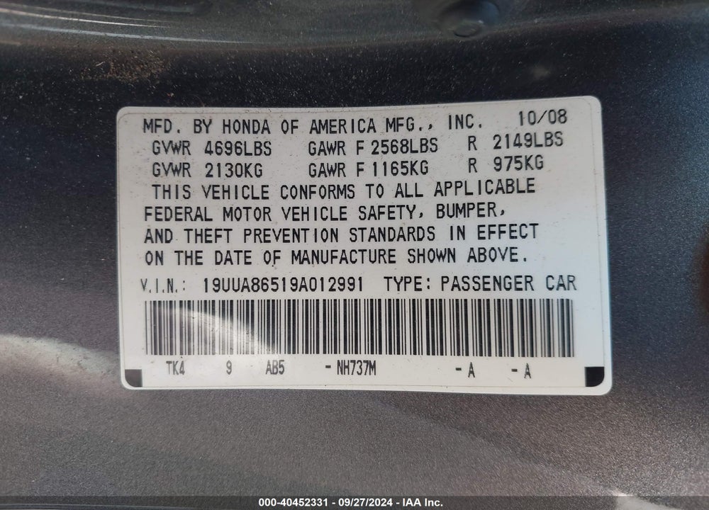 2009 ACURA TL 3.5 VIN: 19UUA86519A012991