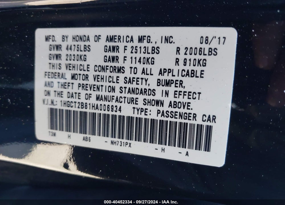 2017 HONDA ACCORD EX-L V6 VIN: 1HGCT2B81HA006934