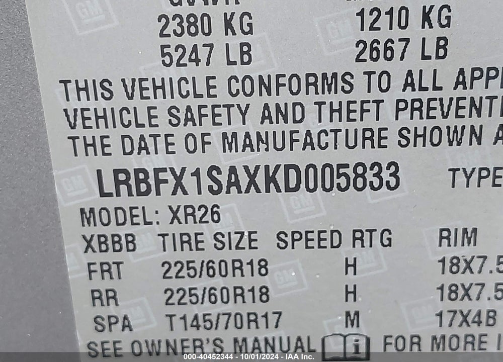2019 BUICK ENVISION AWD PREFERRED VIN: LRBFX1SAXKD005833