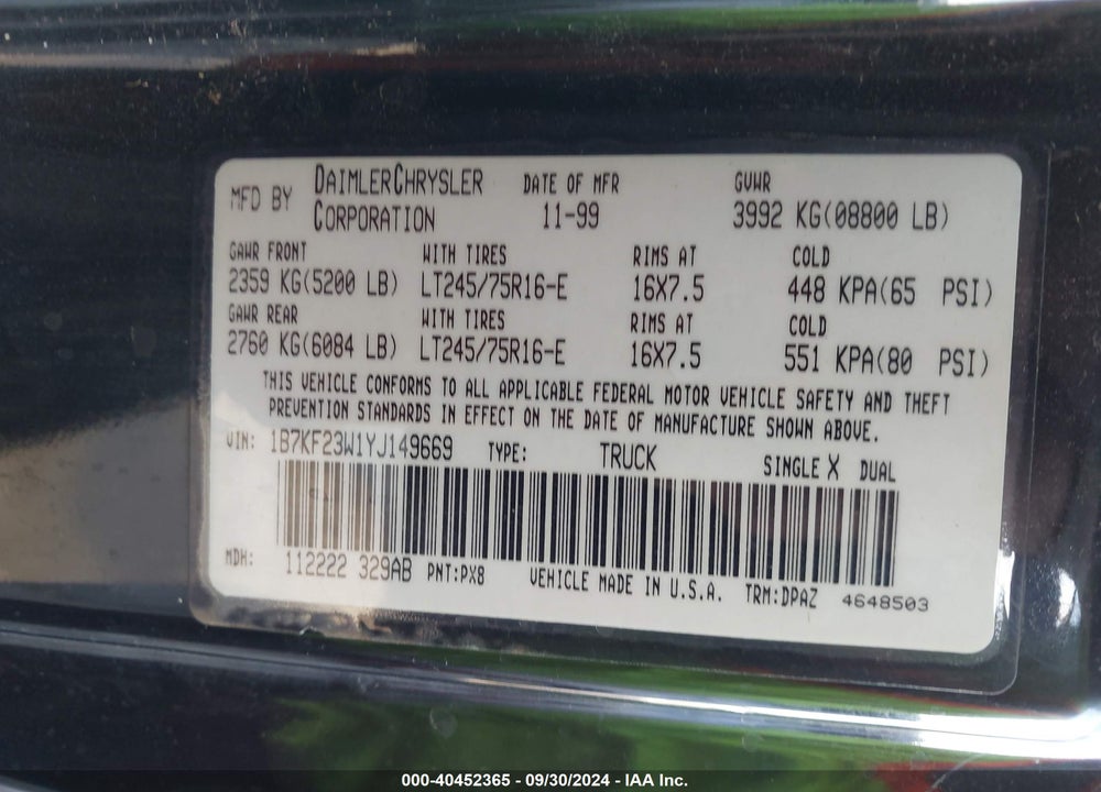 2000 DODGE RAM 2500 ST VIN: 1B7KF23W1YJ149669