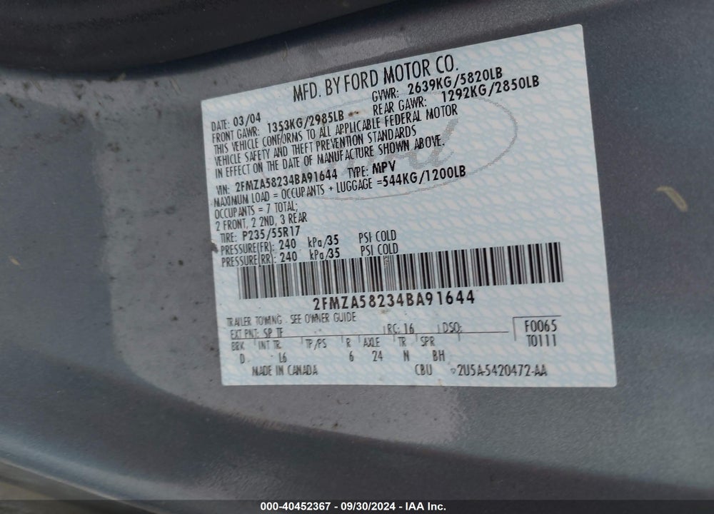 2004 FORD FREESTAR LIMITED VIN: 2FMZA58234BA91644