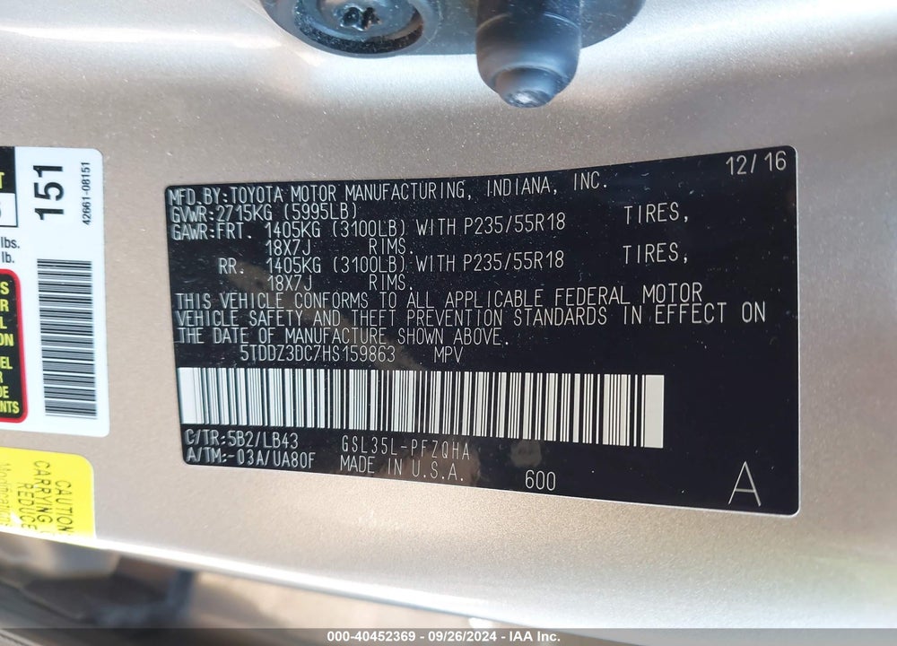 2017 TOYOTA SIENNA LIMITED PREMIUM 7 PASSENGER VIN: 5TDDZ3DC7HS159863