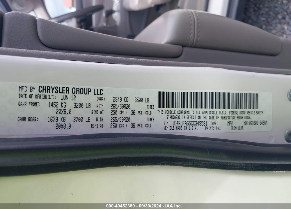 2012 JEEP GRAND CHEROKEE LAREDO VIN: 1C4RJFAG5CC349581