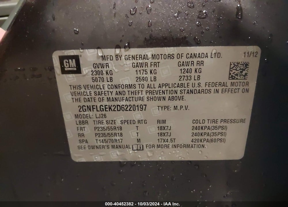 2013 CHEVROLET EQUINOX LTZ VIN: 2GNFLGEK2D6220197
