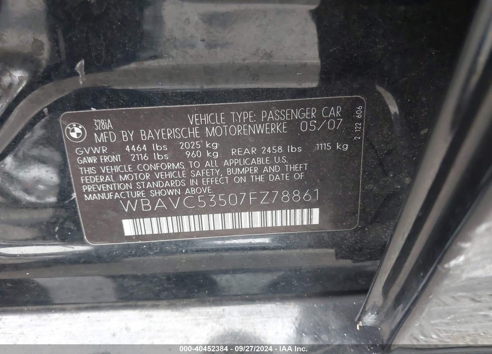 2007 BMW 328I VIN: WBAVC53507FZ78861