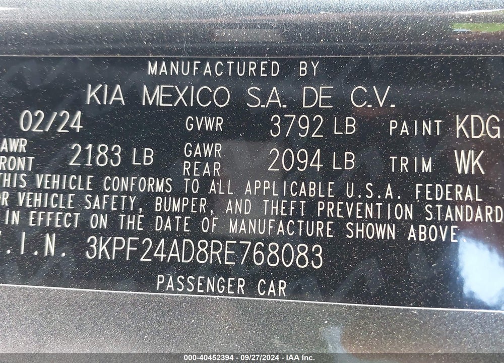 2024 KIA FORTE LXS VIN: 3KPF24AD8RE768083