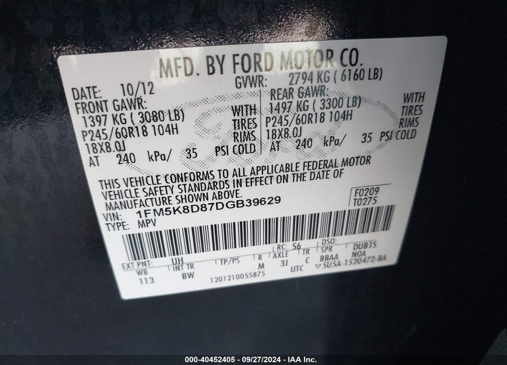 2013 FORD EXPLORER XLT VIN: 1FM5K8D87DGB39629