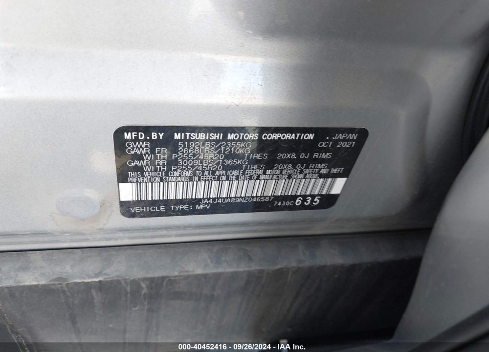 2022 MITSUBISHI OUTLANDER BLACK EDITION S-AWC/SE 2.5 S-AWC/SE LAUNCH EDITION S-AWC VIN: JA4J4UA89NZ046587