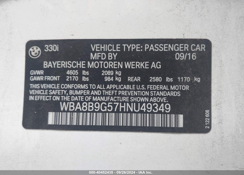 2017 BMW 330I VIN: WBA8B9G57HNU49349