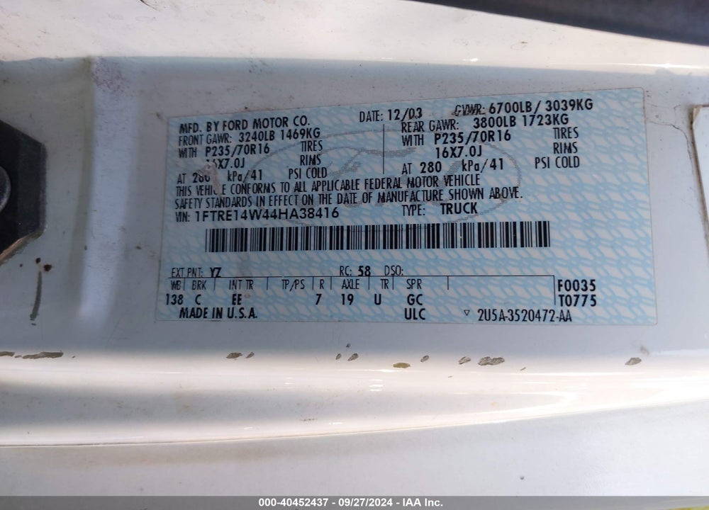 2004 FORD E-150 COMMERCIAL/RECREATIONAL VIN: 1FTRE14W44HA38416