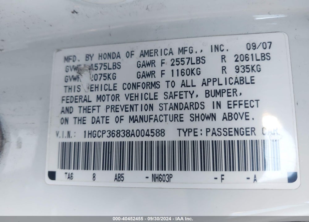 2008 HONDA ACCORD 3.5 EX-L VIN: 1HGCP36838A004588