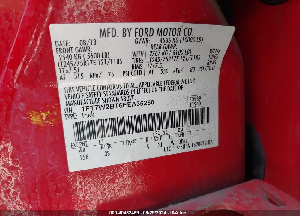 2014 FORD F-250 XLT VIN: 1FT7W2BT6EEA35250