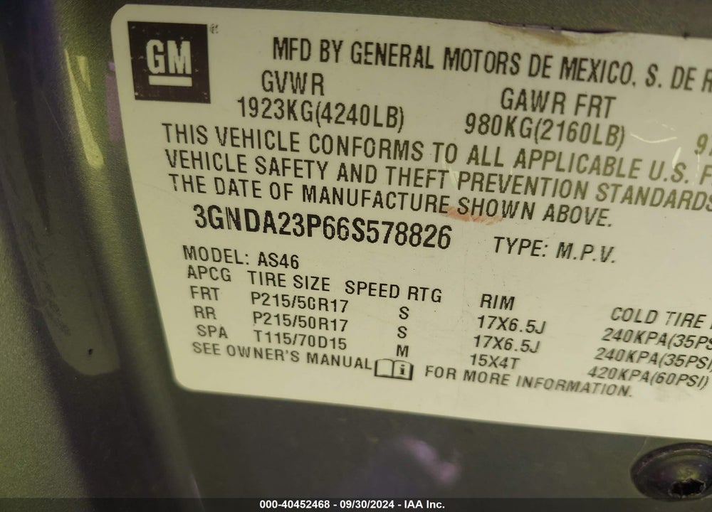 2006 CHEVROLET HHR LT VIN: 3GNDA23P66S578826