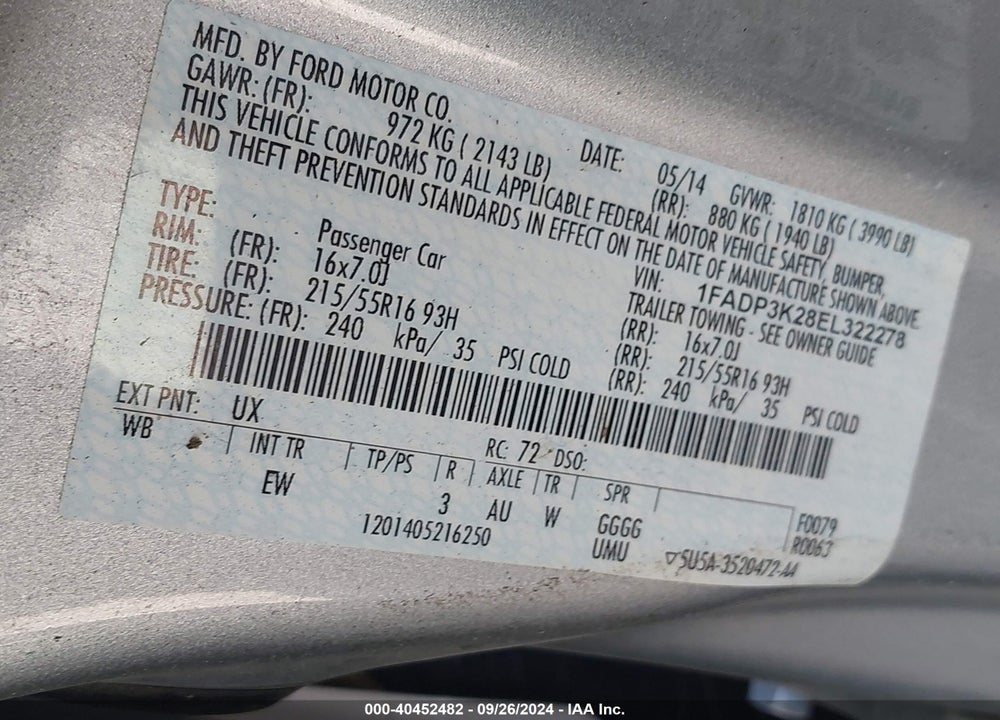 2014 FORD FOCUS SE VIN: 1FADP3K28EL322278