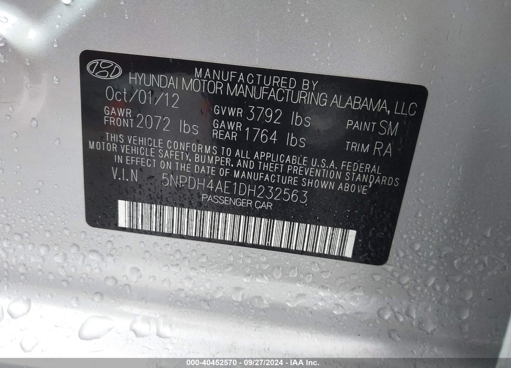 2013 HYUNDAI ELANTRA GLS VIN: 5NPDH4AE1DH232563