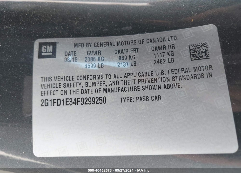 2015 CHEVROLET CAMARO 1LT VIN: 2G1FD1E34F9299250