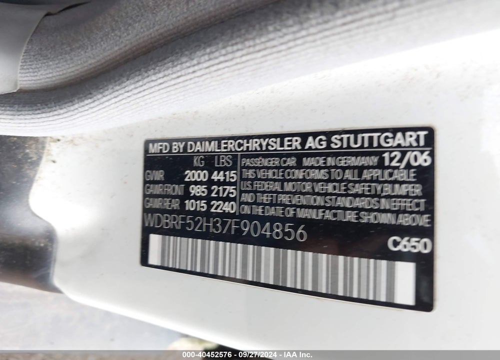 2007 MERCEDES-BENZ C 230 SPORT VIN: WDBRF52H37F904856