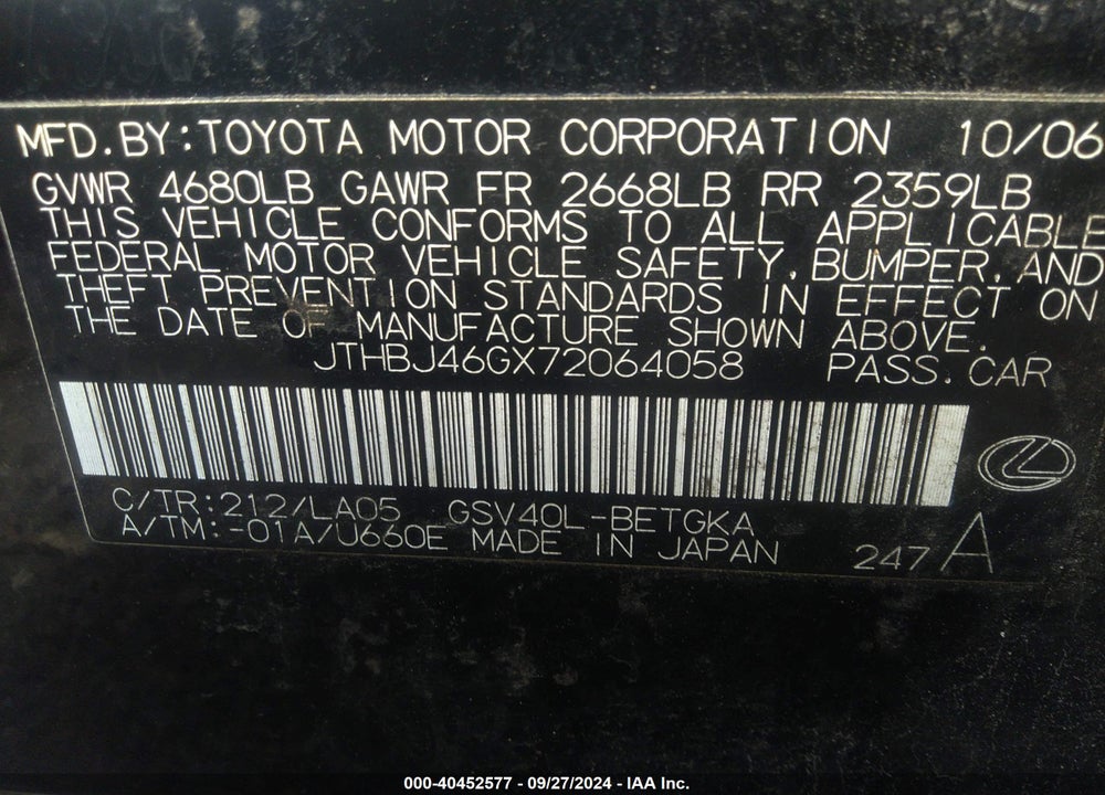 2007 LEXUS ES 350 VIN: JTHBJ46GX72064058