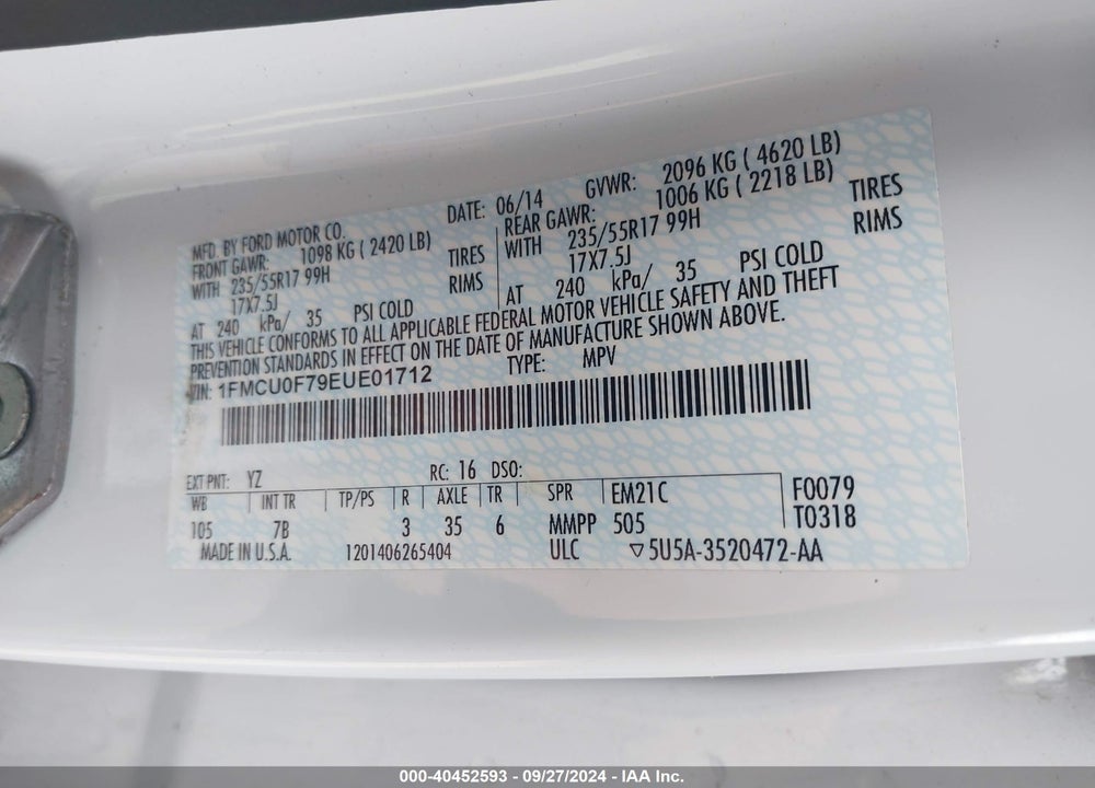 2014 FORD ESCAPE S VIN: 1FMCU0F79EUE01712