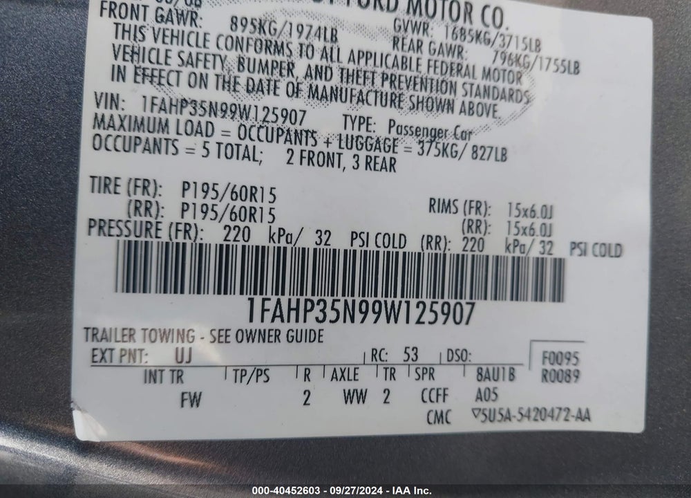 2009 FORD FOCUS SE VIN: 1FAHP35N99W125907