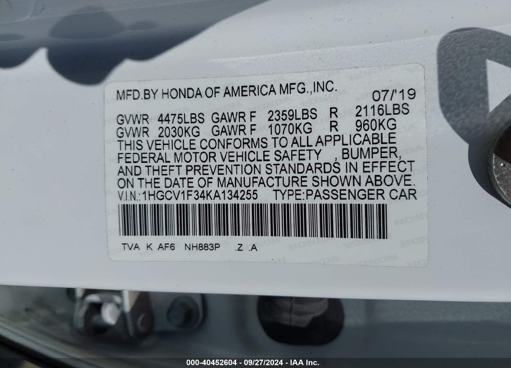 2019 HONDA ACCORD SPORT VIN: 1HGCV1F34KA134255
