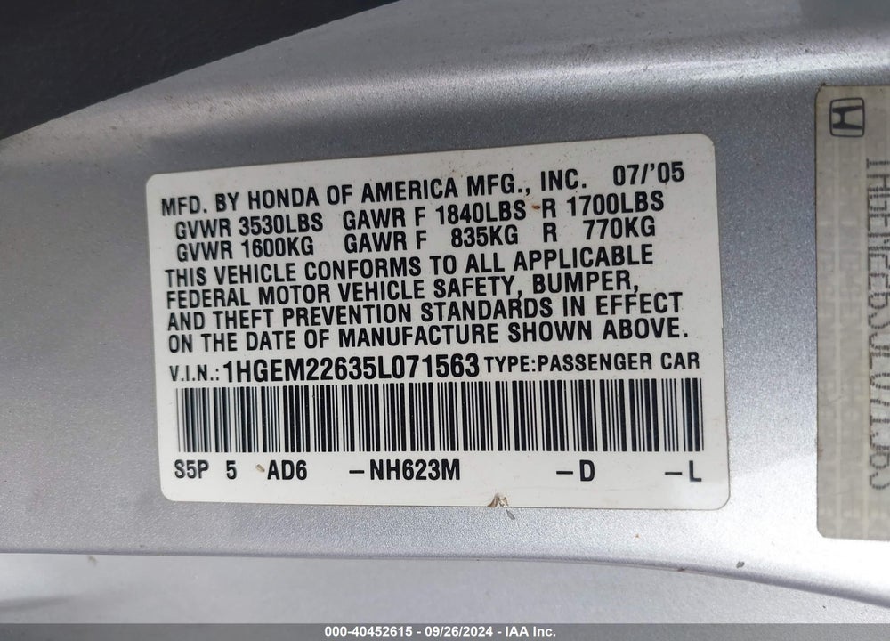 2005 HONDA CIVIC LX VIN: 1HGEM22635L071563