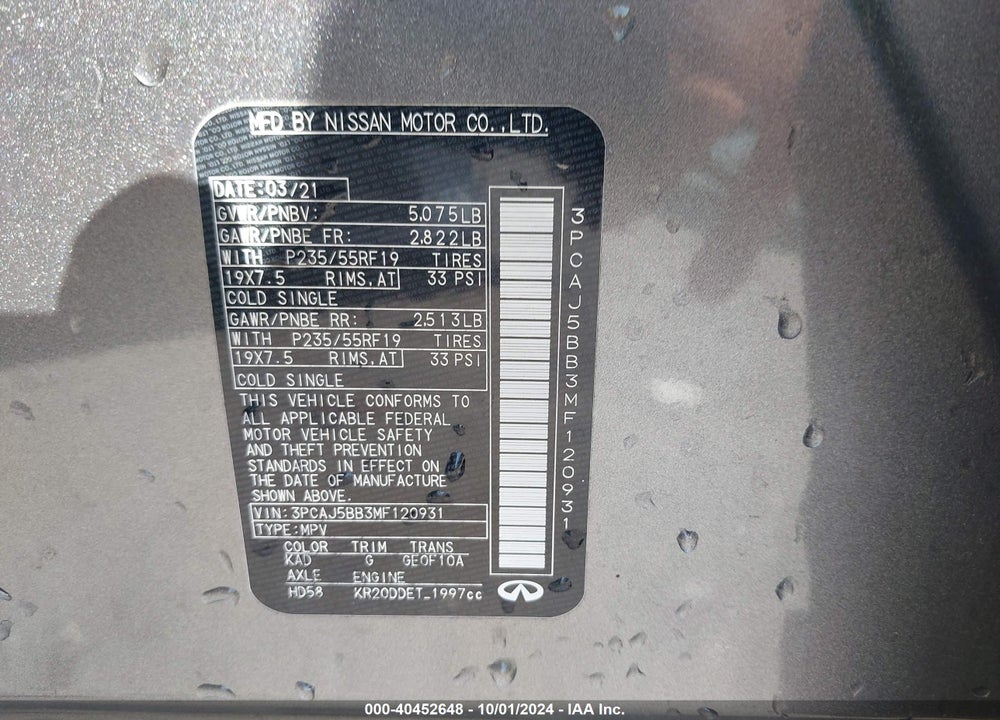 2021 INFINITI QX50 LUXE AWD VIN: 3PCAJ5BB3MF120931