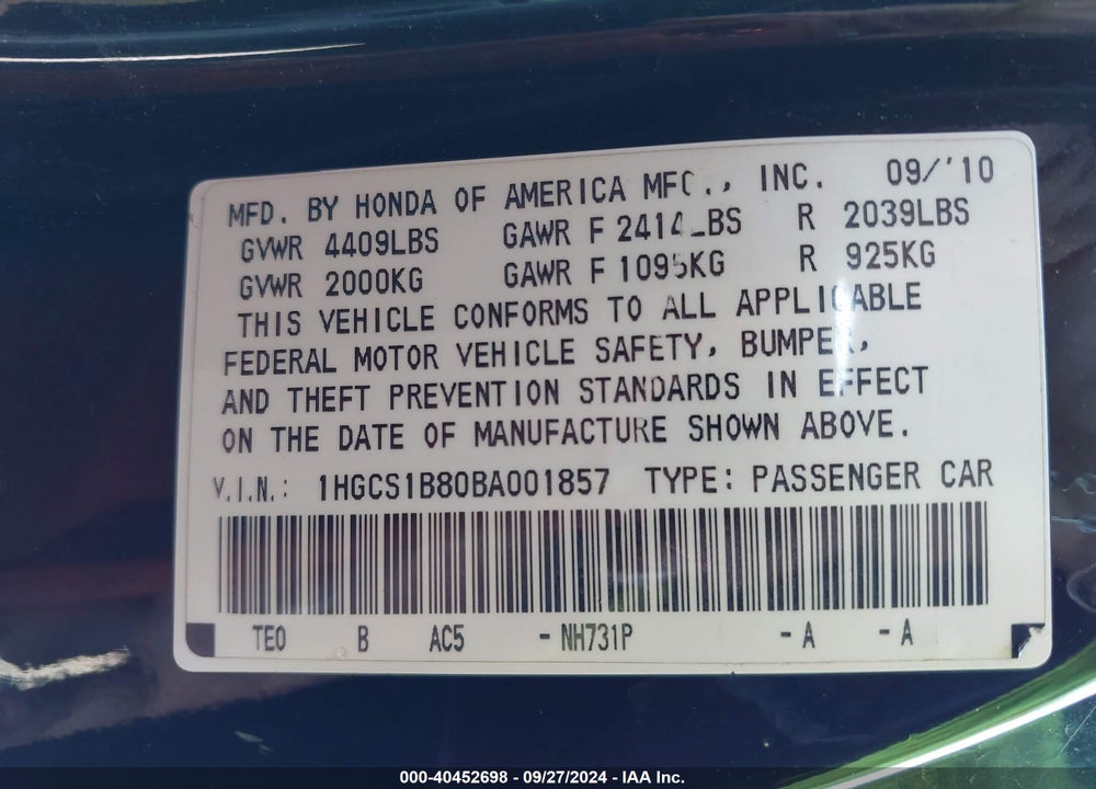 2011 HONDA ACCORD 2.4 EX-L VIN: 1HGCS1B80BA001857