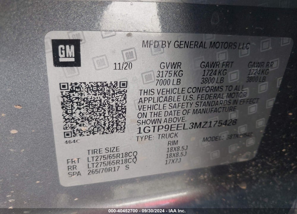 2021 GMC SIERRA 1500 VIN: 1GTP9EEL3MZ175428