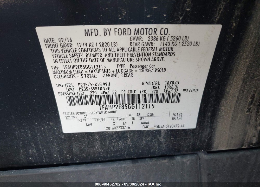 2016 FORD TAURUS SEL VIN: 1FAHP2E85GG112115