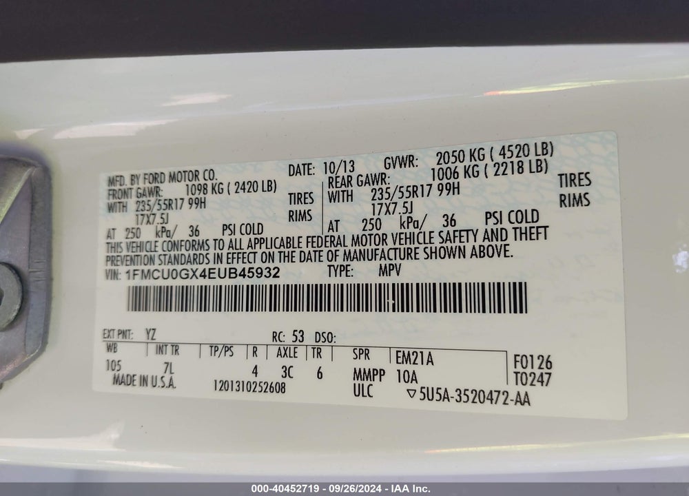 2014 FORD ESCAPE SE VIN: 1FMCU0GX4EUB45932