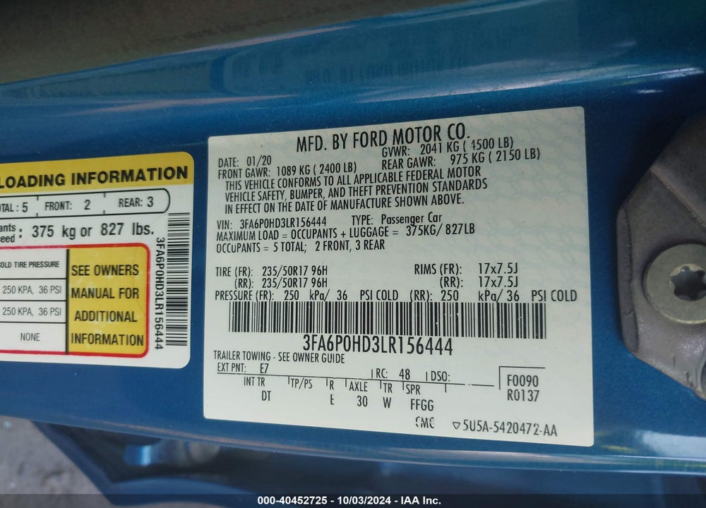 2020 FORD FUSION SE VIN: 3FA6P0HD3LR156444