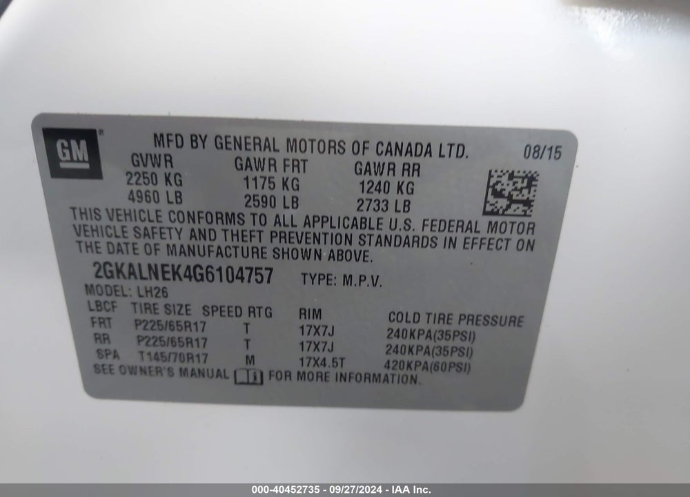 2016 GMC TERRAIN SLE-2 VIN: 2GKALNEK4G6104757