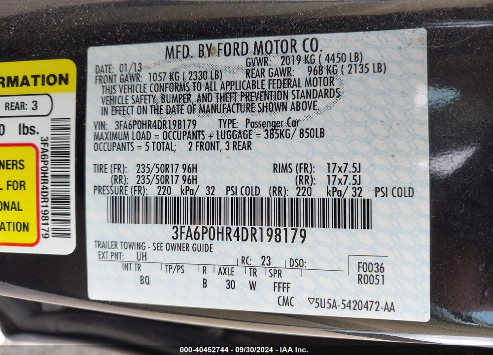 2013 FORD FUSION SE VIN: 3FA6P0HR4DR198179