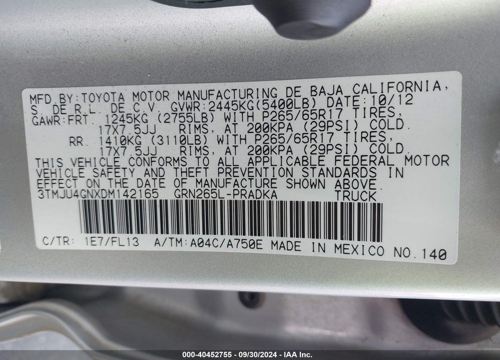 2013 TOYOTA TACOMA PRERUNNER V6 VIN: 3TMJU4GNXDM142165