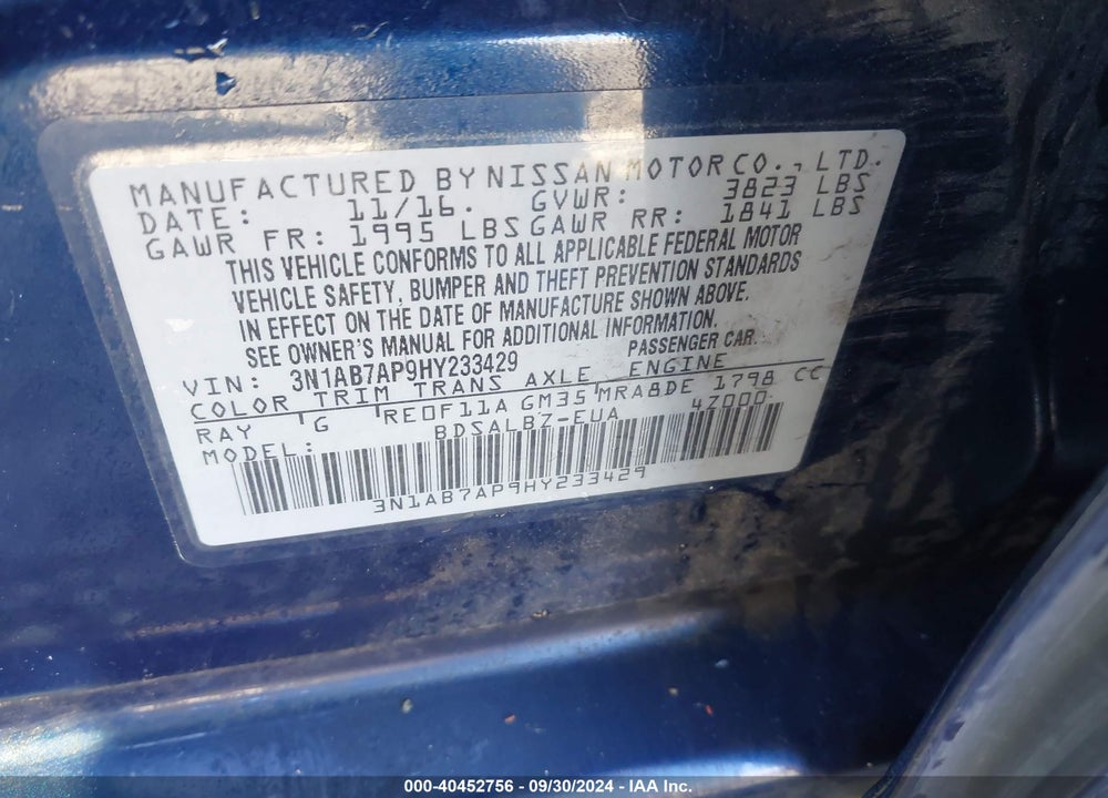 2017 NISSAN SENTRA S VIN: 3N1AB7AP9HY233429
