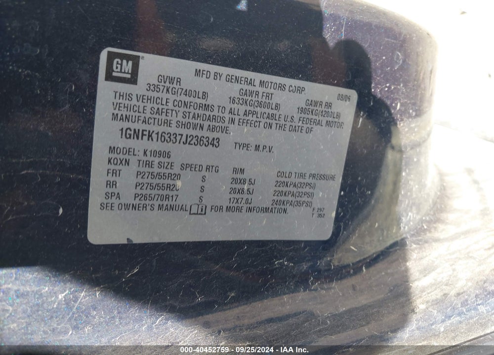 2007 CHEVROLET SUBURBAN 1500 LTZ VIN: 1GNFK16337J236343